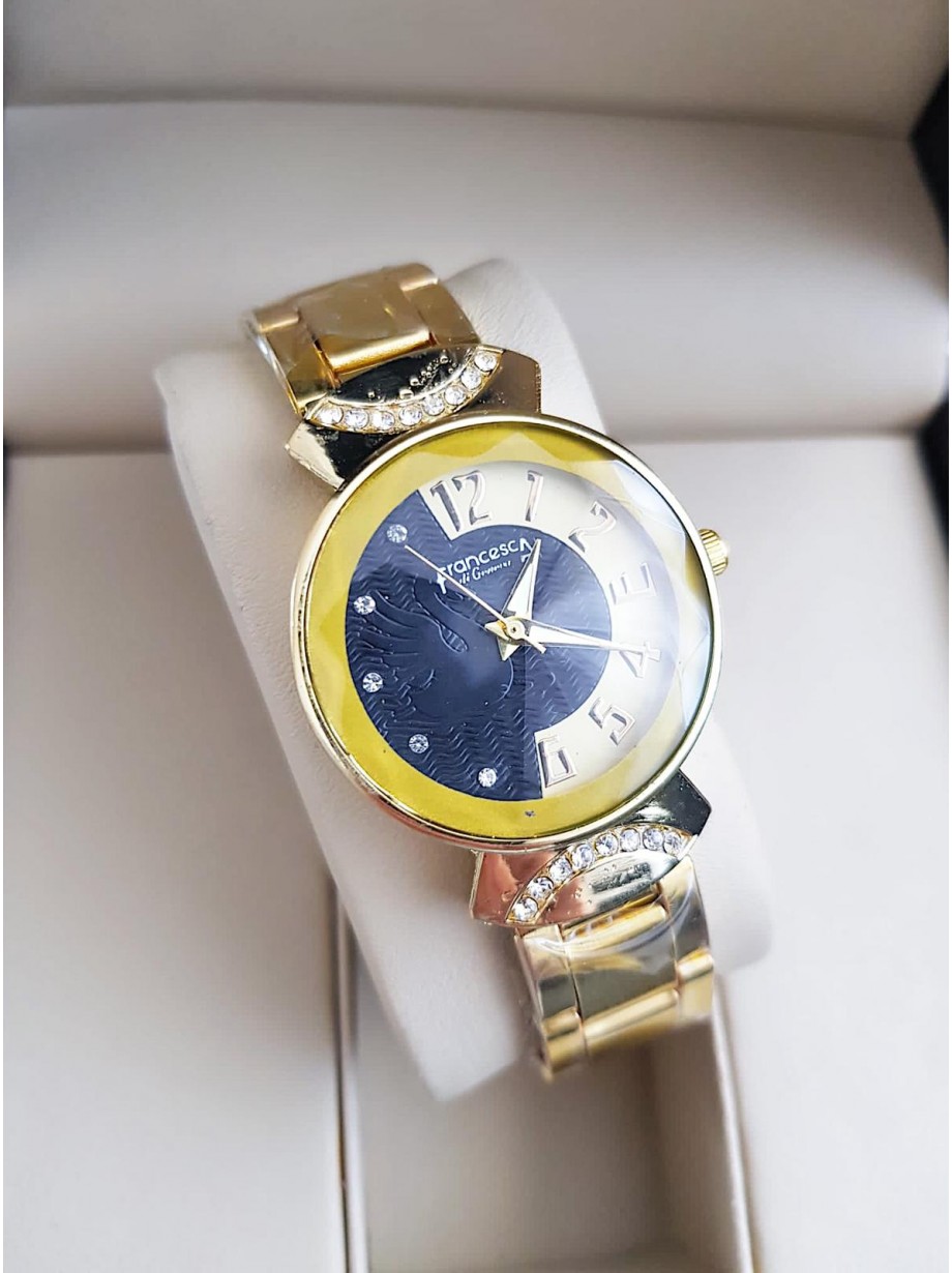 Ceas dama deosebit auriu cu model bleumarin pe cadran si curea metalica