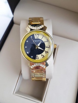 Ceas dama deosebit auriu cu model bleumarin pe cadran si curea metalica