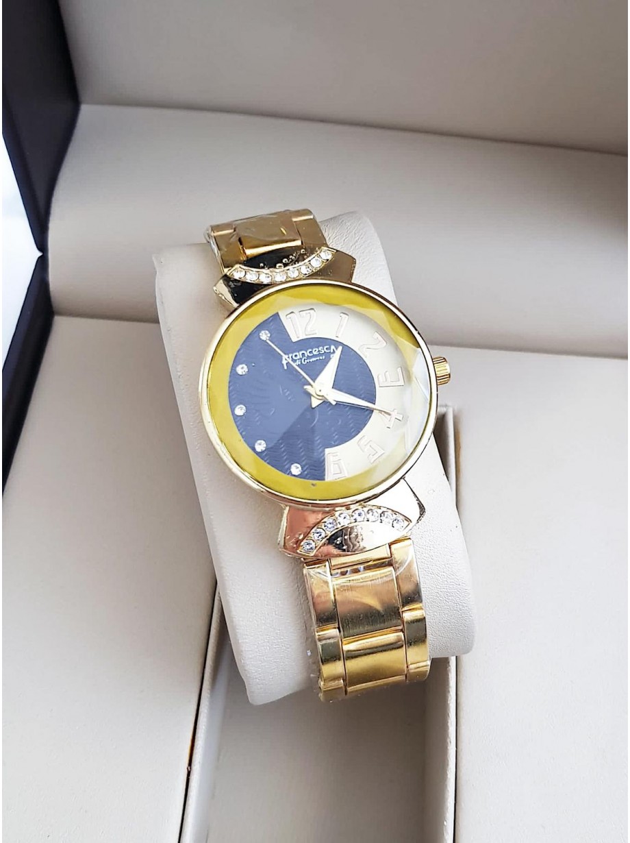 Ceas dama deosebit auriu cu model bleumarin pe cadran si curea metalica