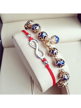 Set 2 Bratari Elegante infinit cu snur rosu si margele bleumarin cu detalii aurii 