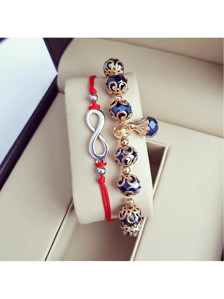 Set 2 Bratari Elegante infinit cu snur rosu si margele bleumarin cu detalii aurii 