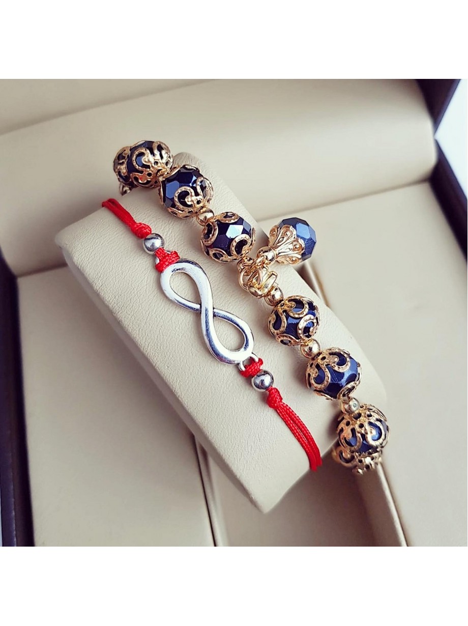 Set 2 Bratari Elegante infinit cu snur rosu si margele bleumarin cu detalii aurii 