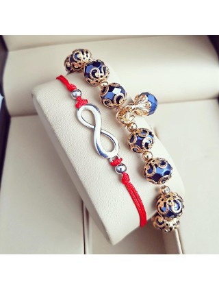 Set 2 Bratari Elegante infinit cu snur rosu si margele bleumarin cu detalii aurii 