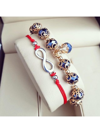 Set 2 Bratari Elegante infinit cu snur rosu si margele bleumarin cu detalii aurii 