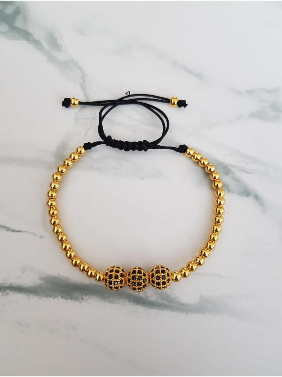 Bratara dama aurie model deosebit cu 3 margele aurii si pietricele negre