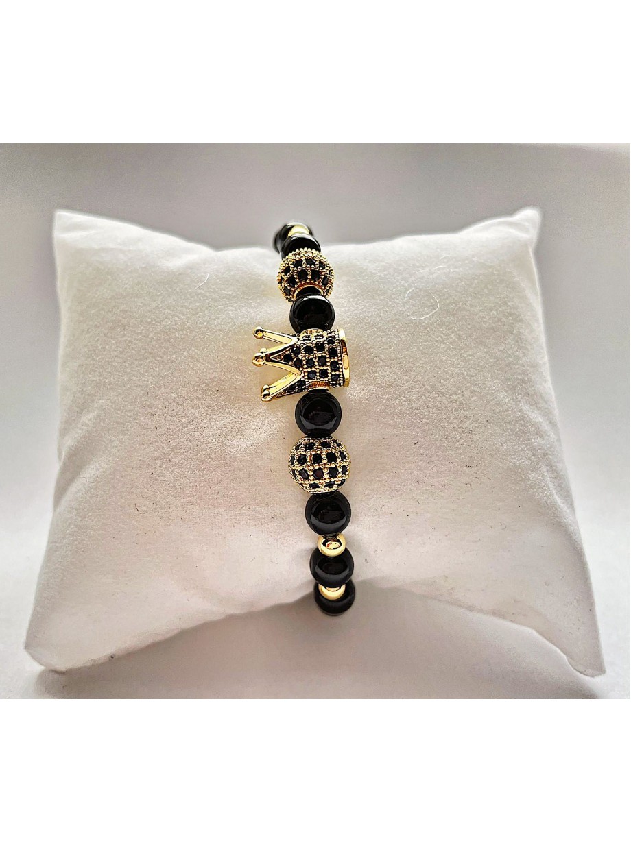 Bratara dama model deosebit cu margele aurii si negre si coroana cu pietricele negre
