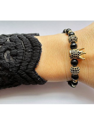 Bratara dama model deosebit cu margele aurii si negre si coroana cu pietricele negre