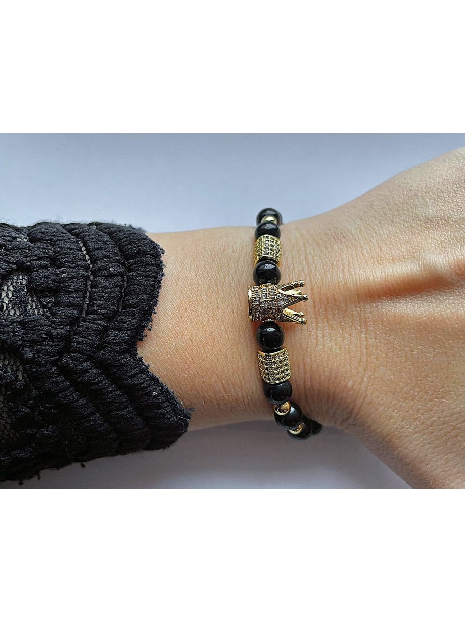 Bratara dama model deosebit cu margele aurii si negre si coroana cu pietricele negre