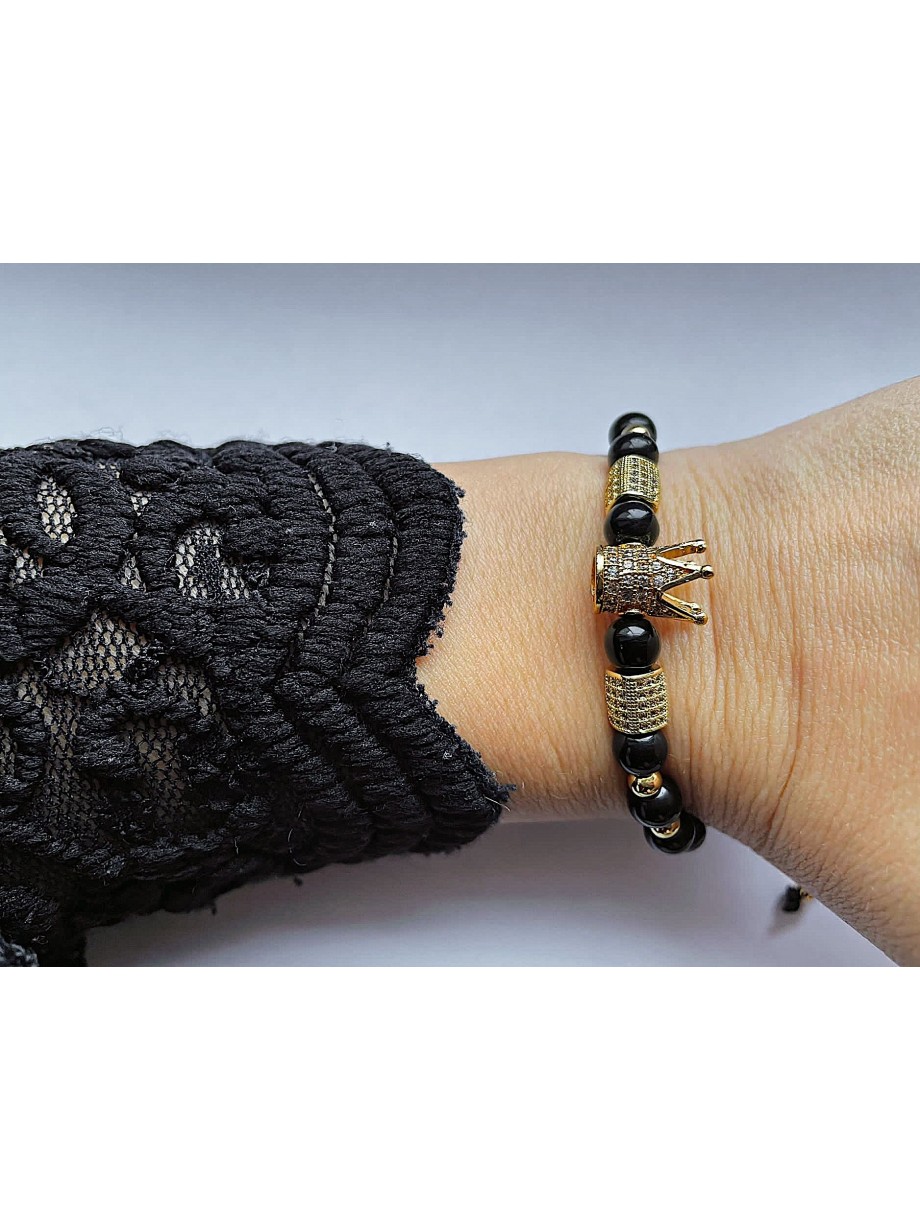 Bratara dama model deosebit cu margele aurii si negre si coroana cu pietricele negre