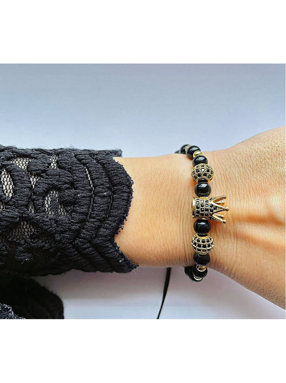 Bratara dama model deosebit cu margele aurii si negre si coroana cu pietricele negre
