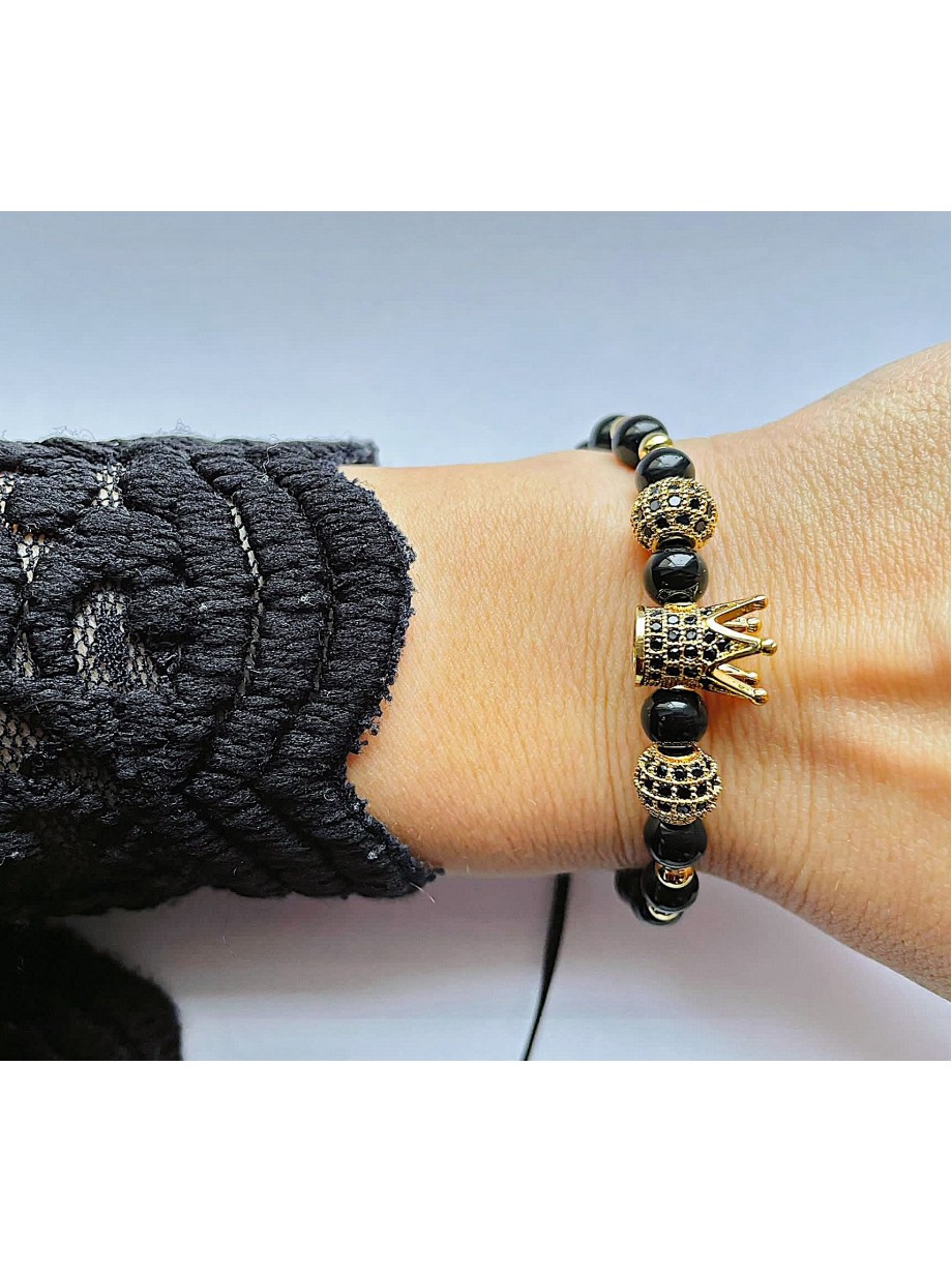 Bratara dama model deosebit cu margele aurii si negre si coroana cu pietricele negre