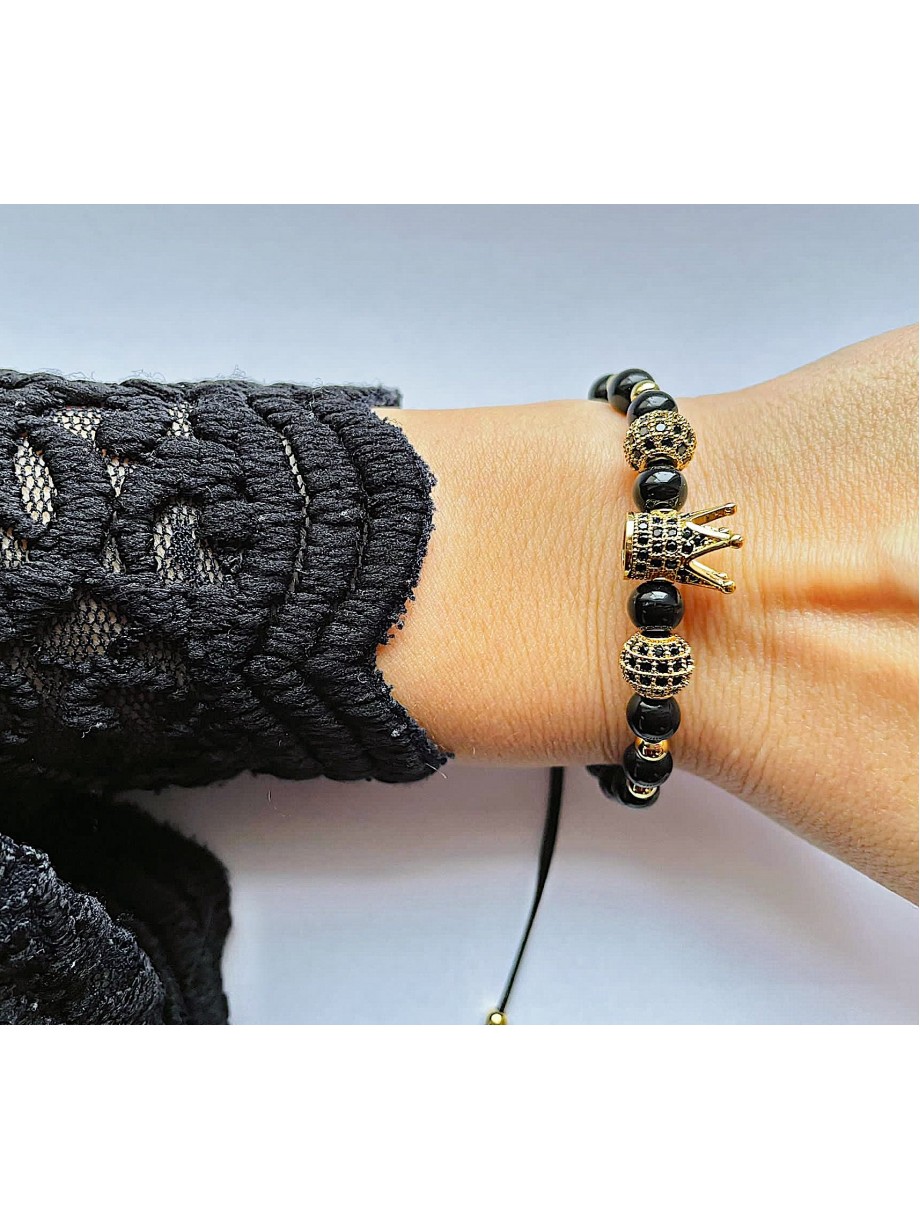 Bratara dama model deosebit cu margele aurii si negre si coroana cu pietricele negre
