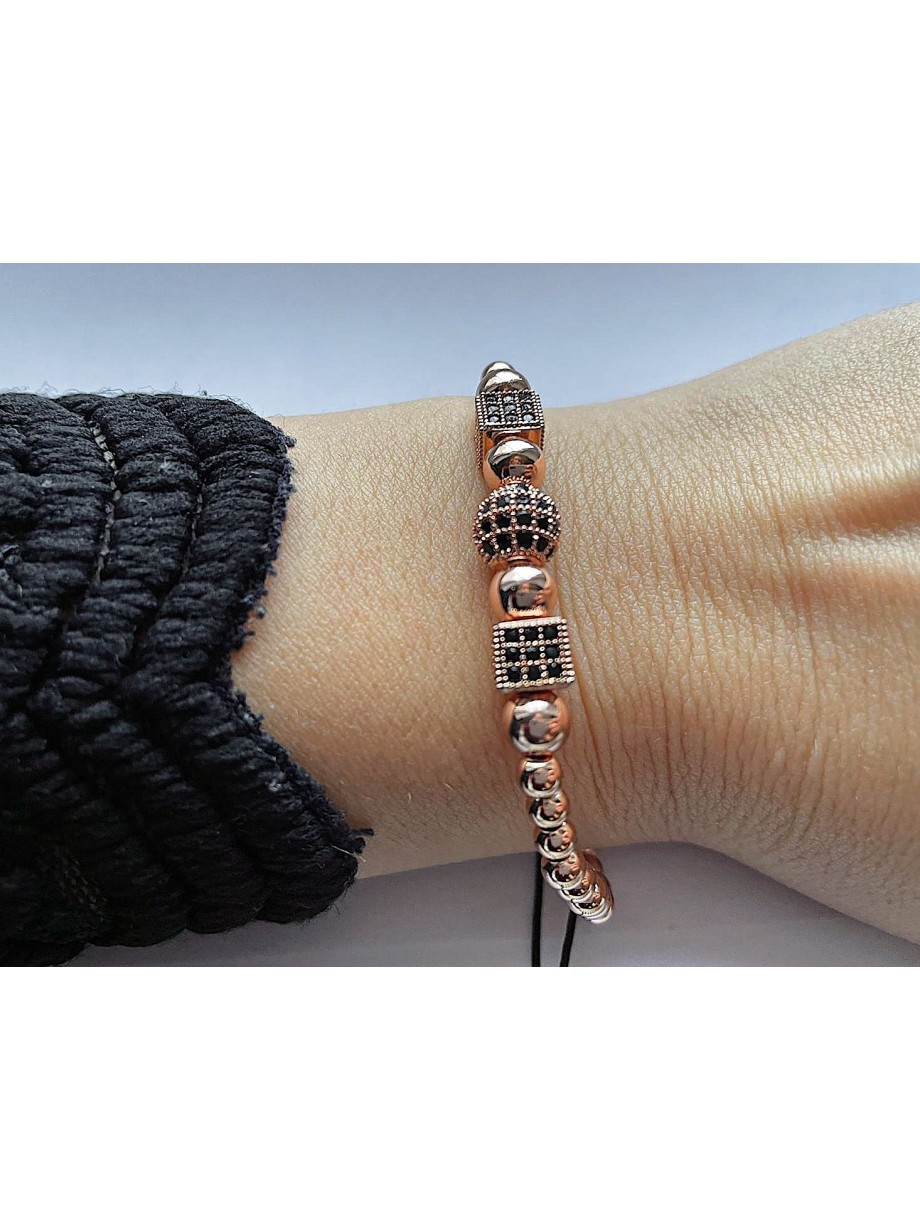 Bratara dama model deosebit cu margele roze si forme cu pietricele negre
