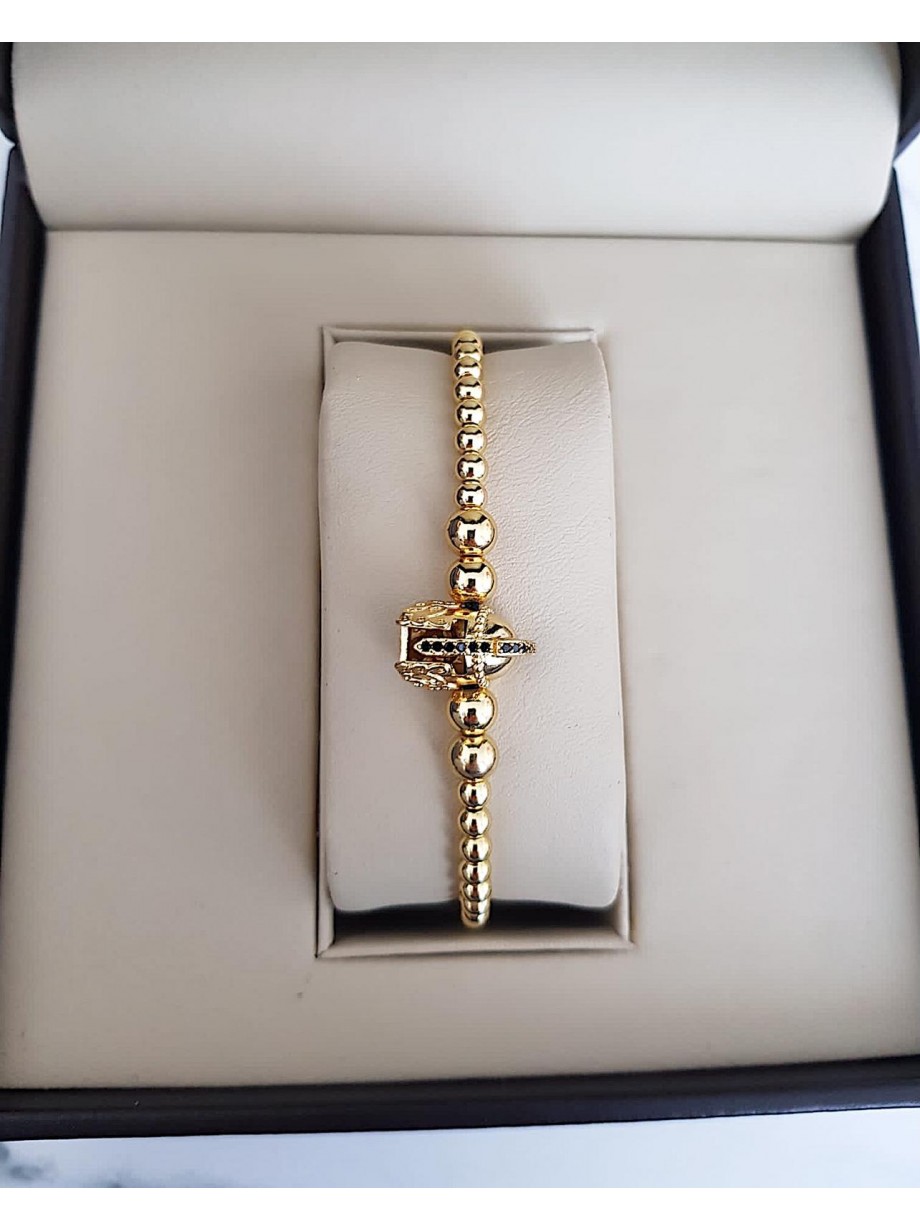 Bratara dama model deosebit cu margele auriii si avion cu pietricele negre