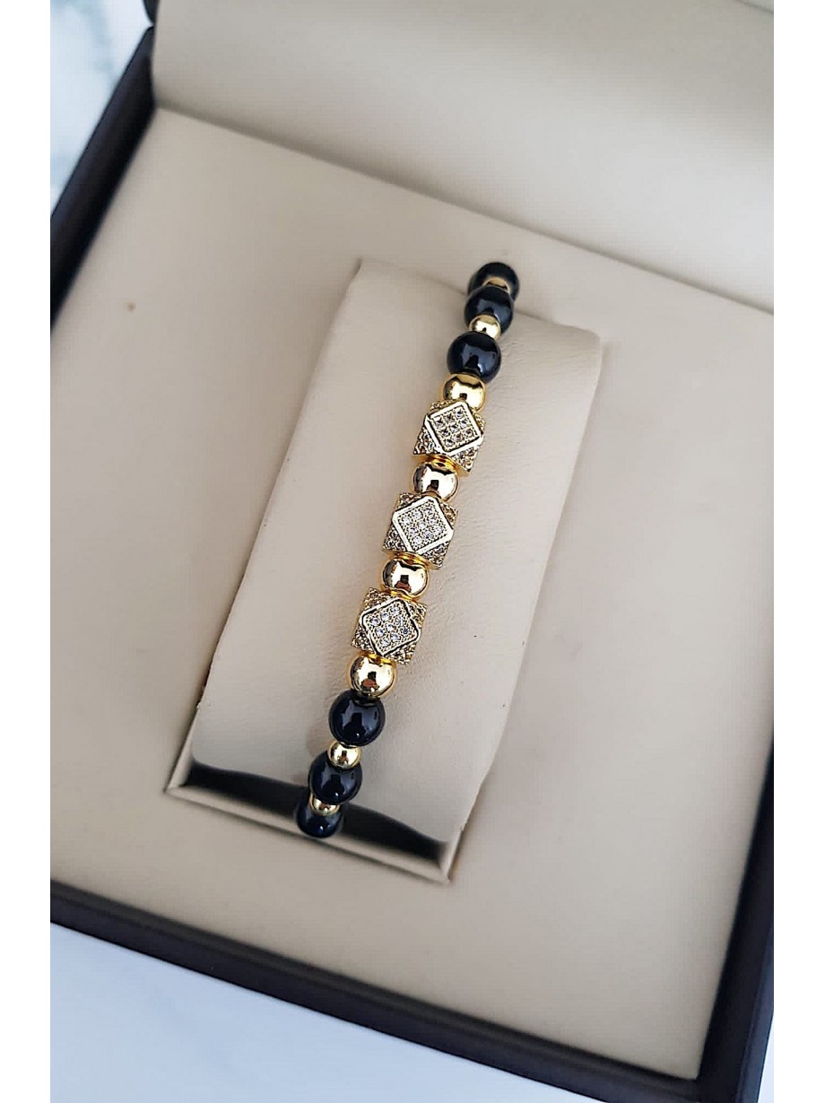 Bratara dama model deosebit cu margele negre si romburi cu pietricele stralucitoare