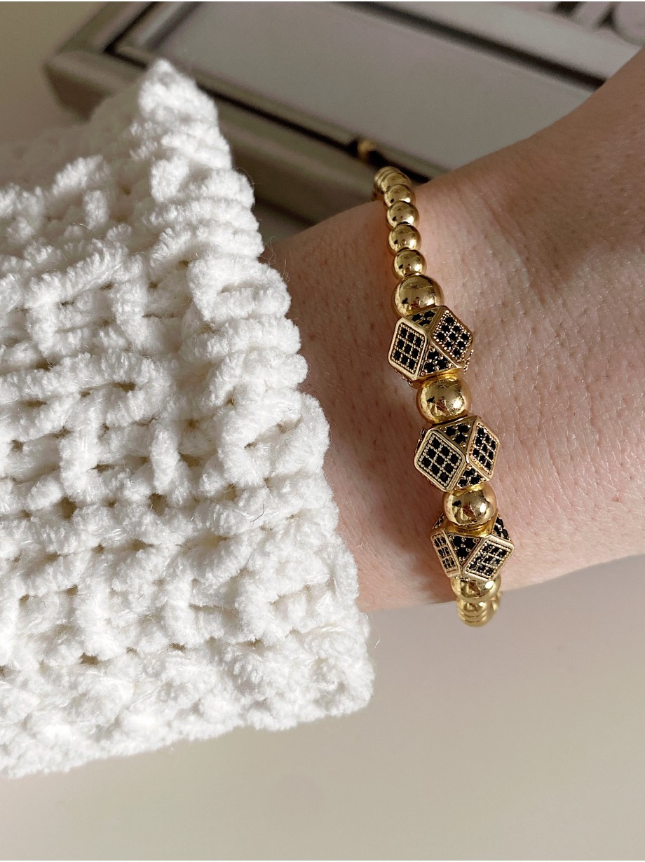 Bratara dama model deosebit cu margele aurii si 3 romburi cu pietricele negre