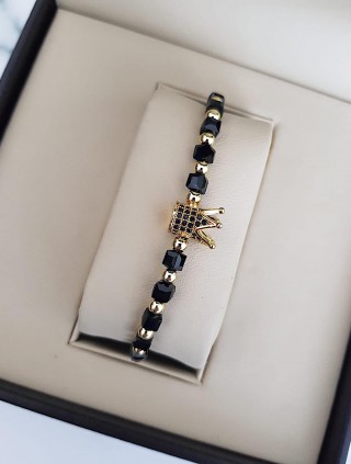 Bratara dama model deosebit cu margele negre si coroana cu pietricele negre 