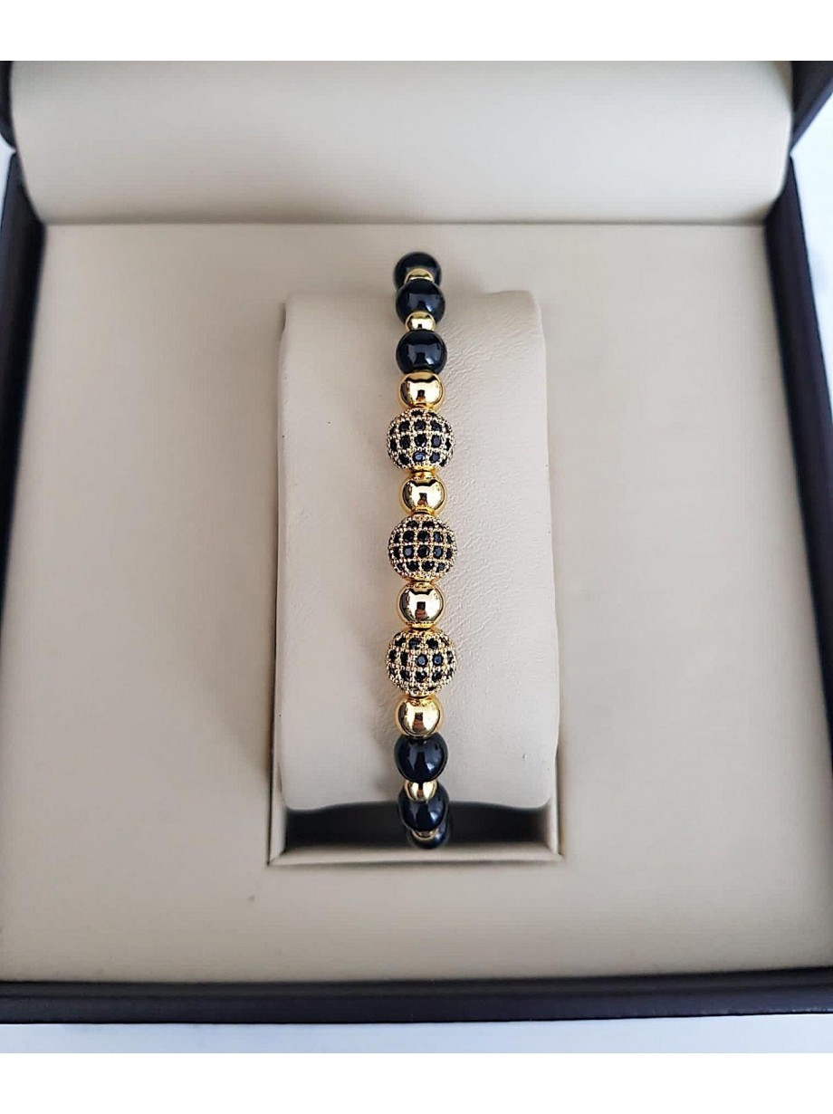Bratara dama model deosebit cu margele negre si 3 bilute cu pietricele negre 
