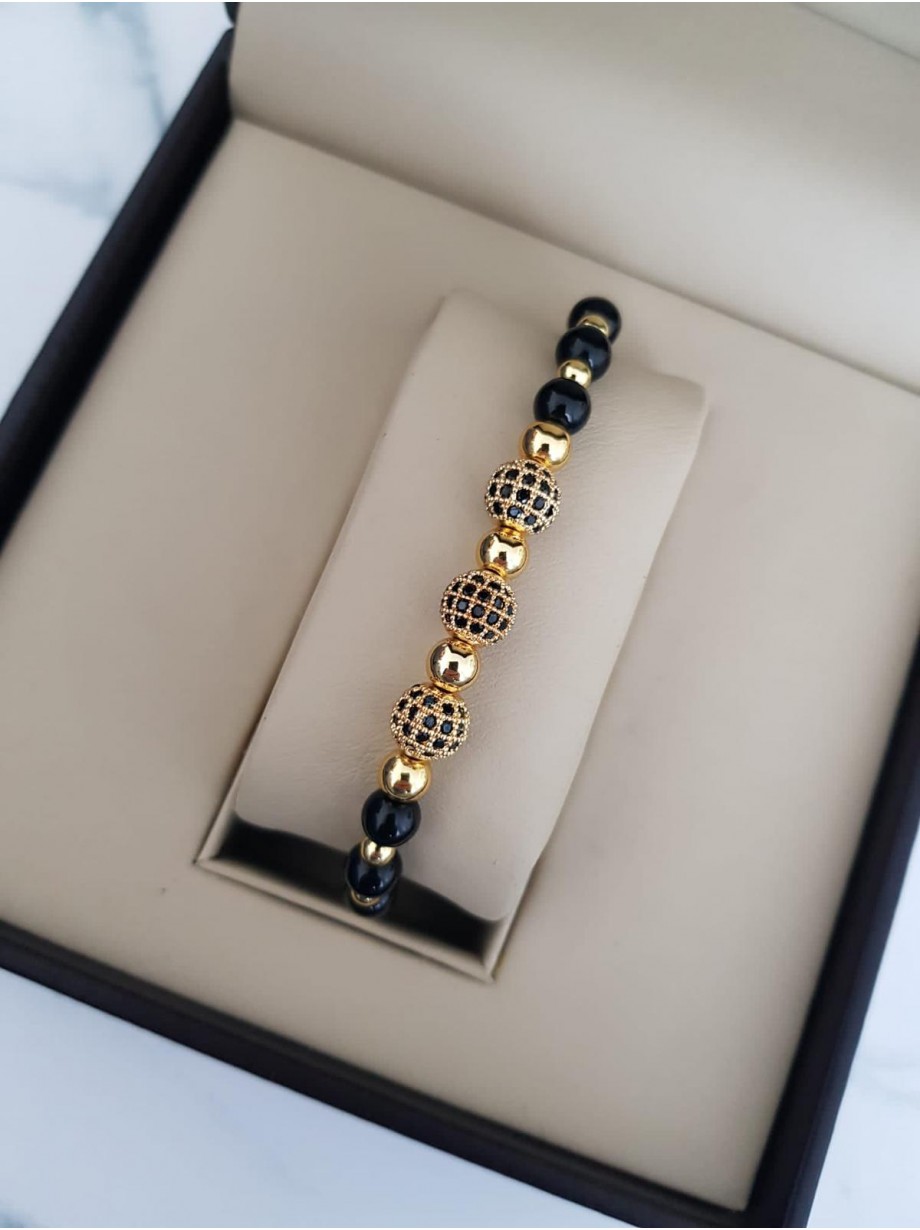 Bratara dama model deosebit cu margele negre si 3 bilute cu pietricele negre 