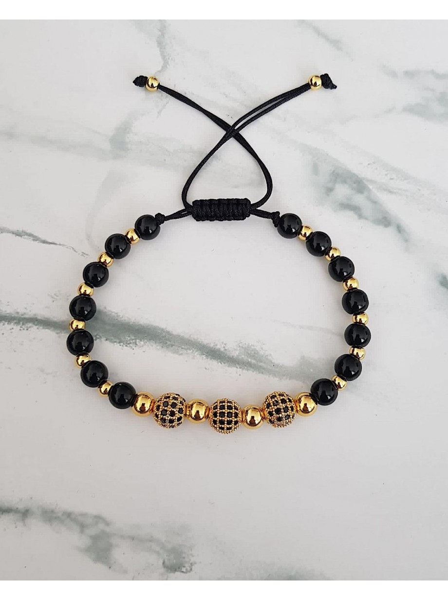 Bratara dama model deosebit cu margele negre si 3 bilute cu pietricele negre 