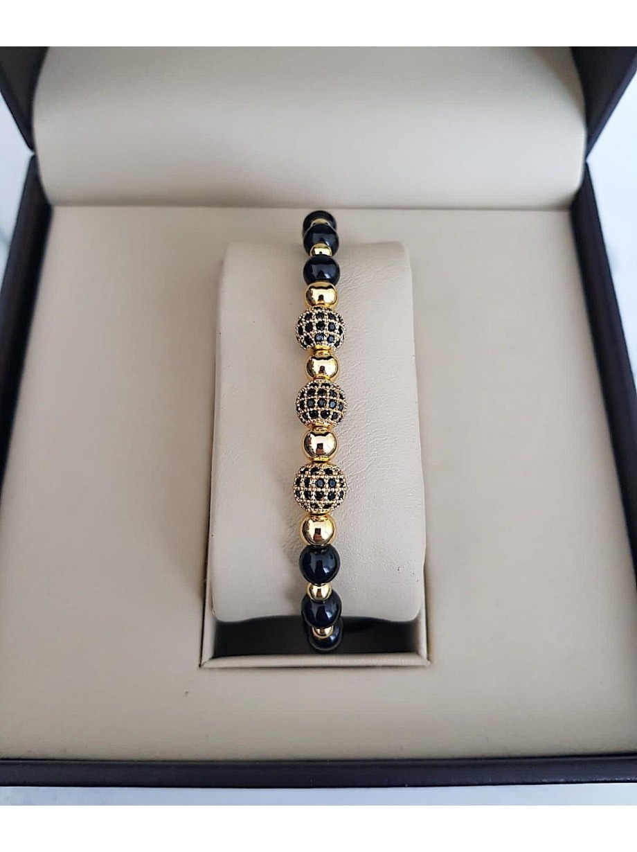 Bratara dama model deosebit cu margele negre si 3 bilute cu pietricele negre 