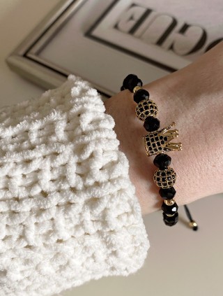 Bratara dama model deosebit cu margele aurii si negre si coroana cu pietricele negre