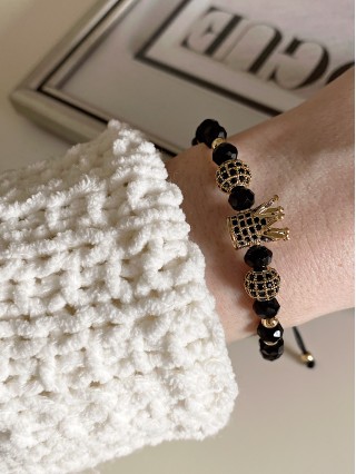 Bratara dama model deosebit cu margele aurii si negre si coroana cu pietricele negre