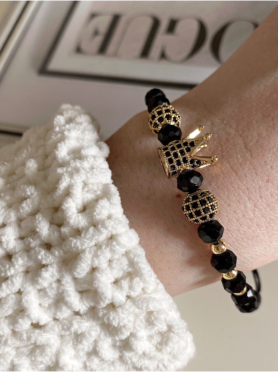 Bratara dama model deosebit cu margele aurii si negre si coroana cu pietricele negre