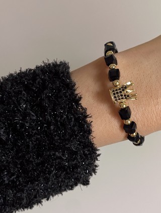 Bratara dama model deosebit cu margele negre si coroana cu pietricele negre