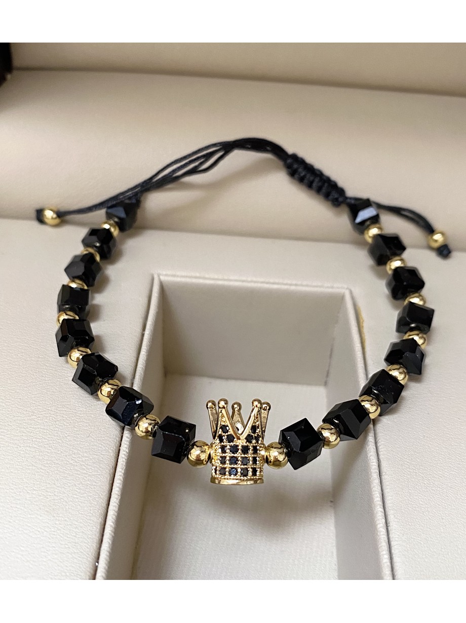 Bratara dama model deosebit cu margele negre si coroana cu pietricele negre