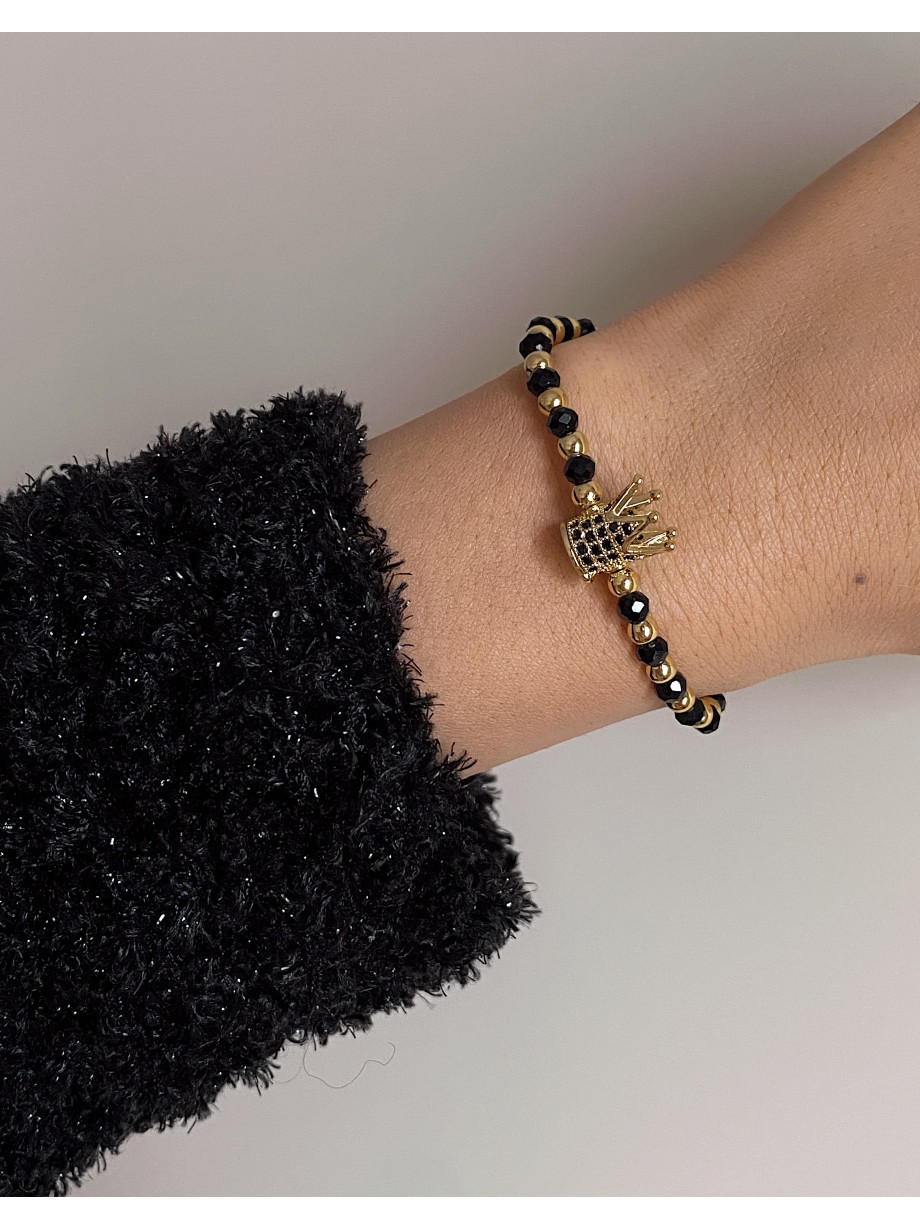 Bratara dama model deosebit cu margele negre si coroana cu pietricele negre