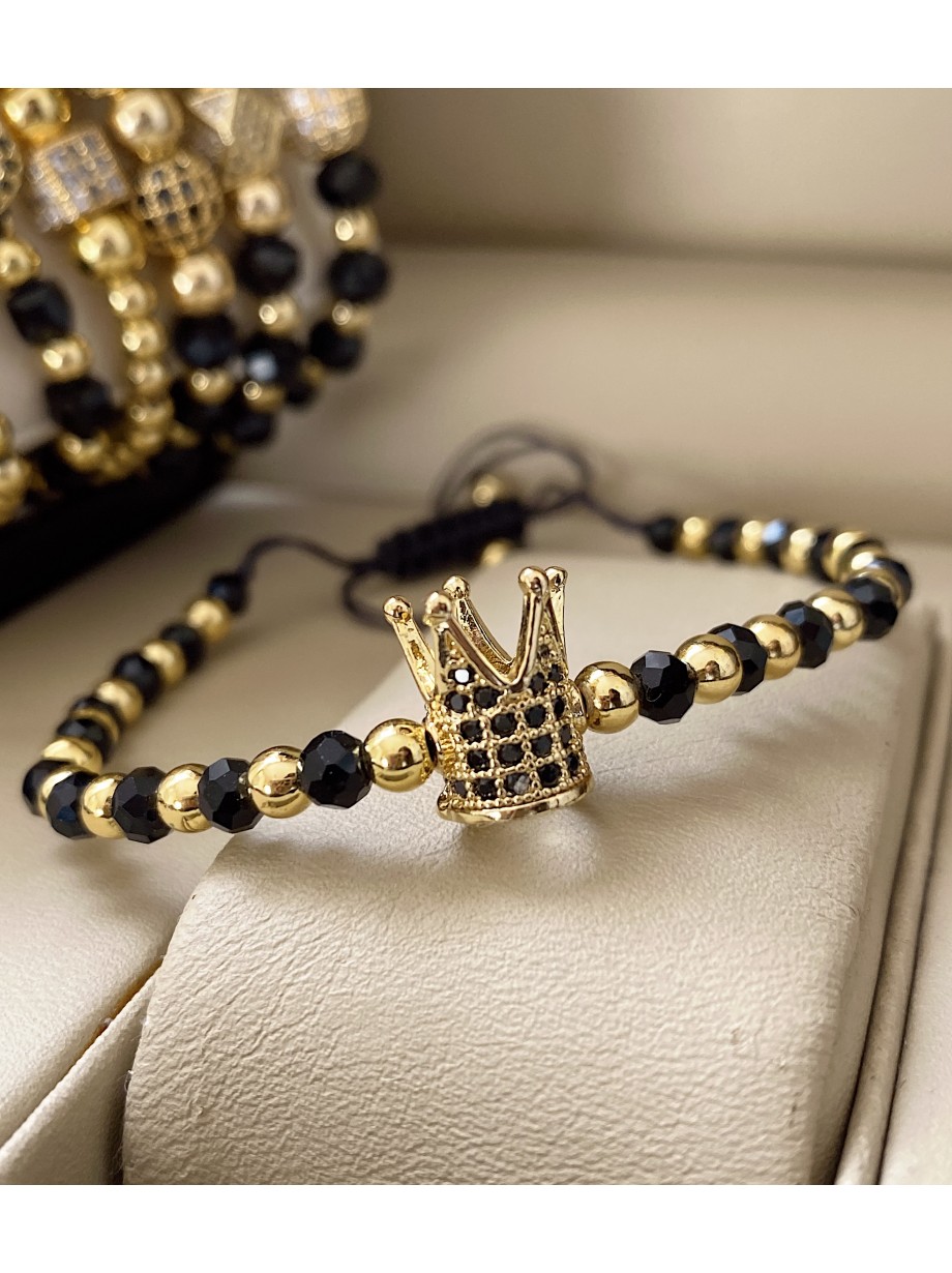 Bratara dama model deosebit cu margele negre si coroana cu pietricele negre