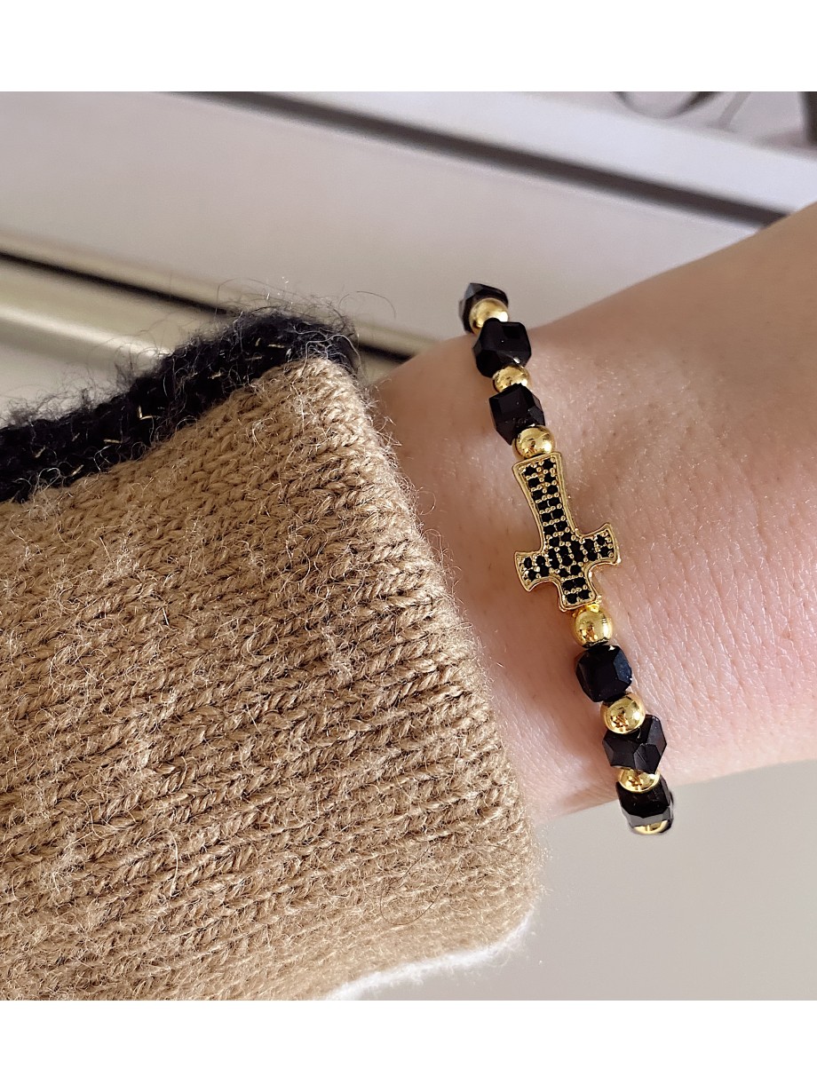 Bratara dama model deosebit cu margele negre si cruce cu pietricele negre