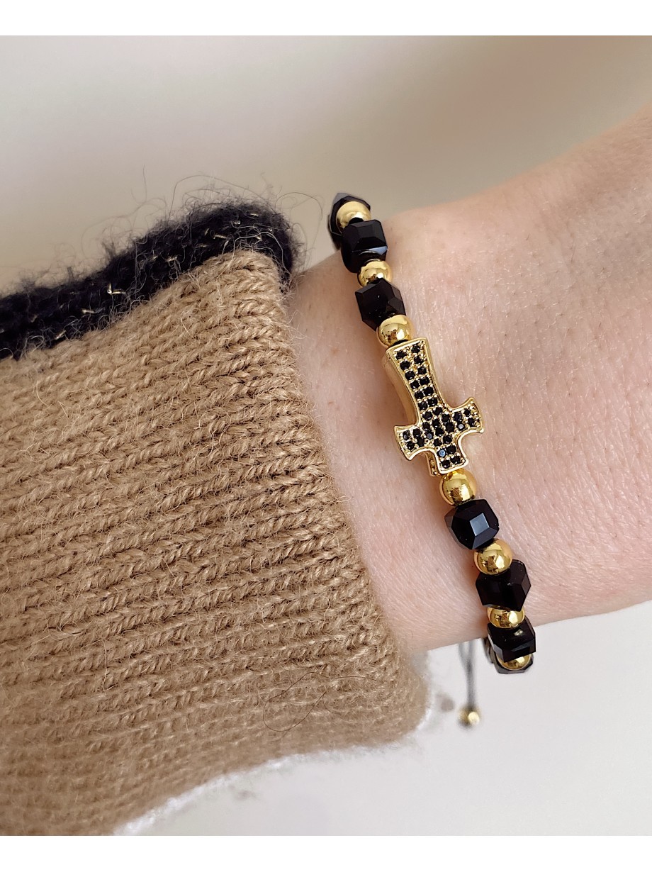 Bratara dama model deosebit cu margele negre si cruce cu pietricele negre