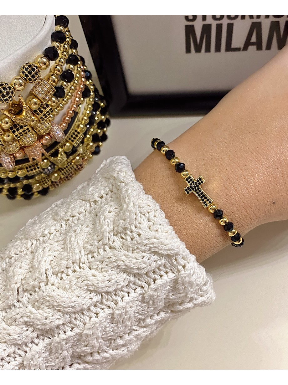 Bratara dama model deosebit cu margele negre si cruce cu pietricele negre