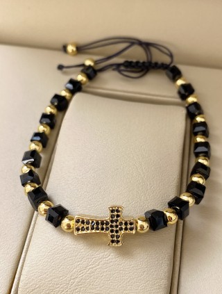 Bratara dama model deosebit cu margele negre si cruce cu pietricele negre