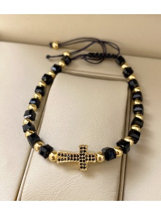 Bratara dama model deosebit cu margele negre si cruce cu pietricele negre