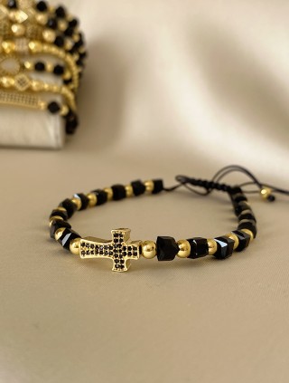 Bratara dama model deosebit cu margele negre si cruce cu pietricele negre