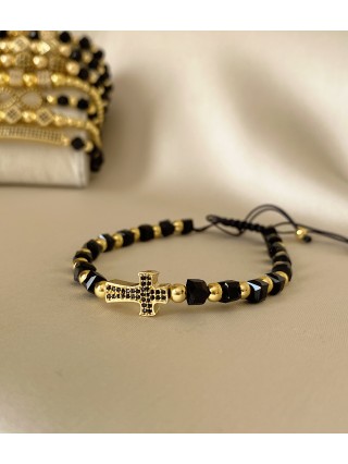 Bratara dama model deosebit cu margele negre si cruce cu pietricele negre