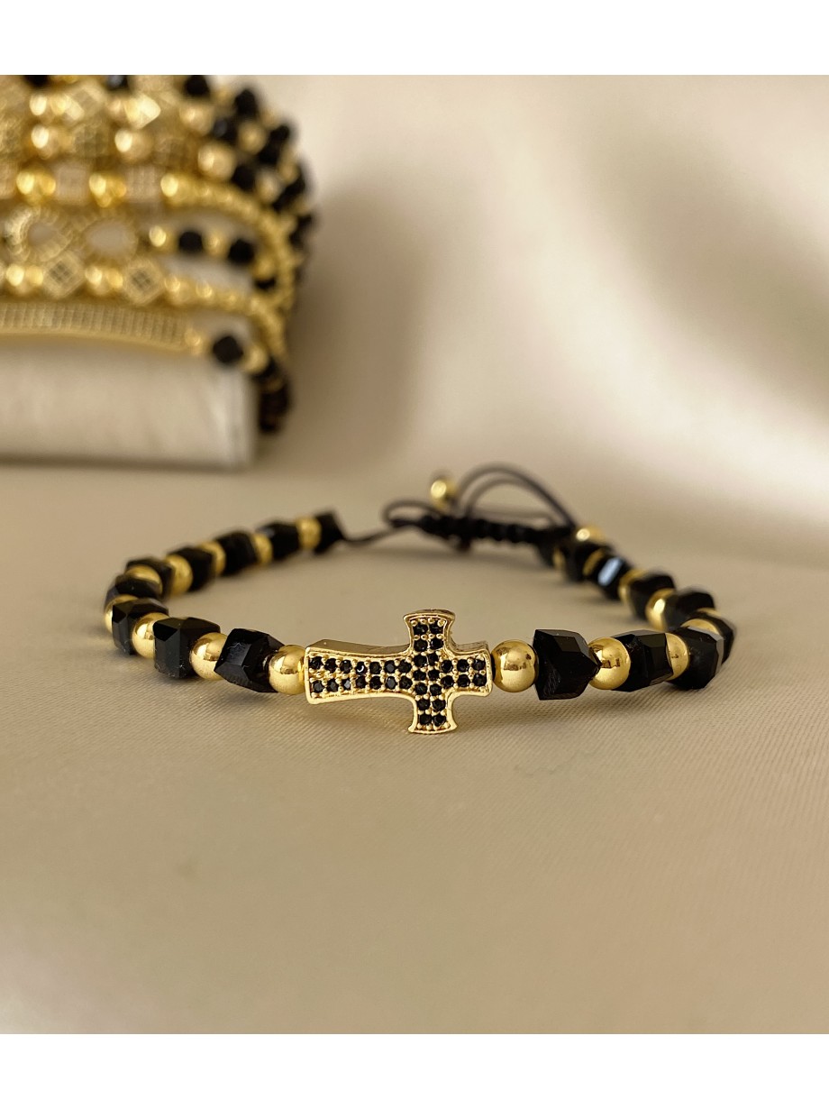 Bratara dama model deosebit cu margele negre si cruce cu pietricele negre