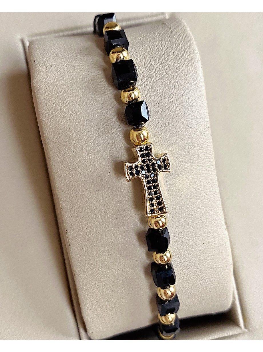 Bratara dama model deosebit cu margele negre si cruce cu pietricele negre