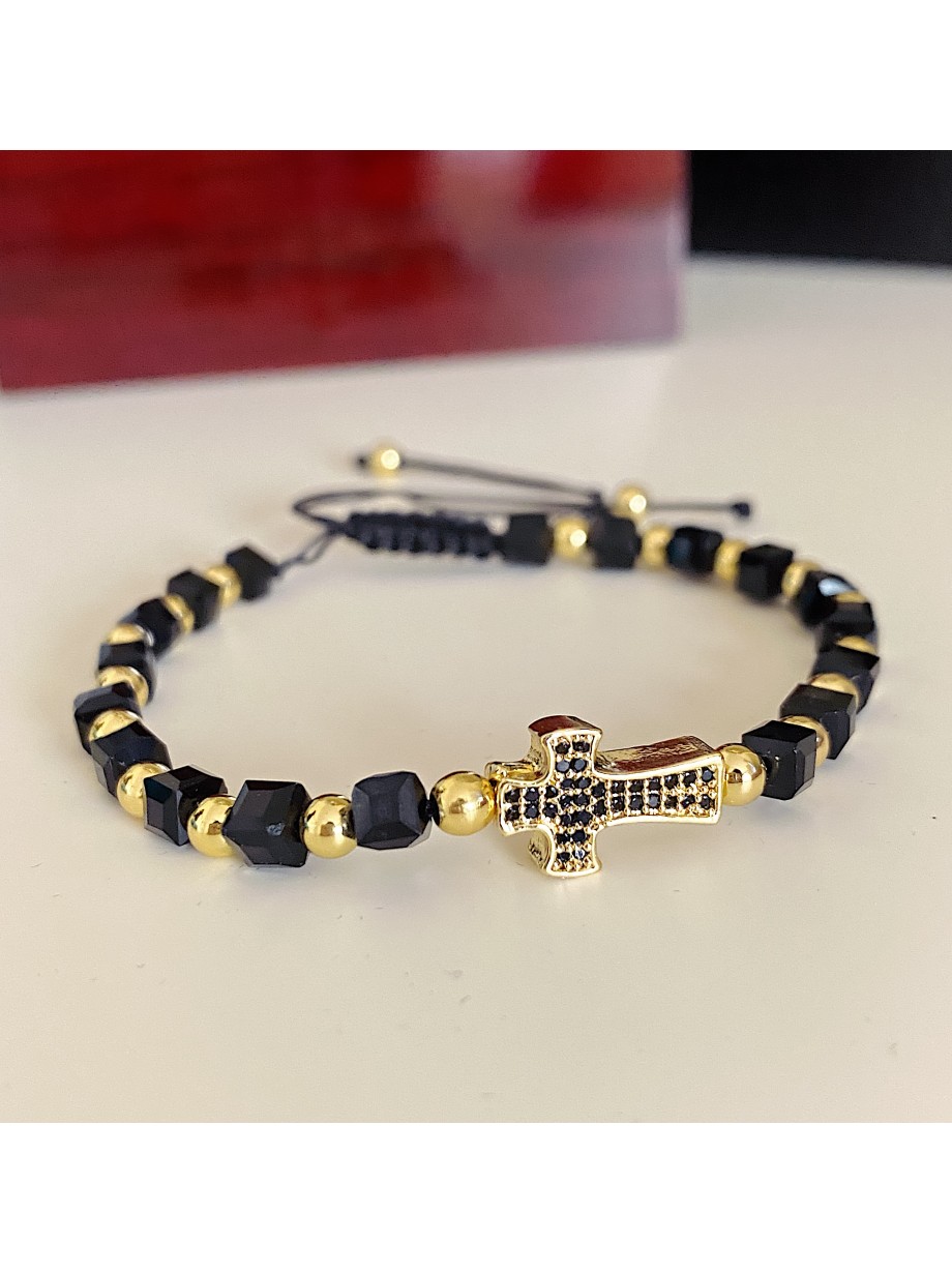 Bratara dama model deosebit cu margele negre si cruce cu pietricele negre