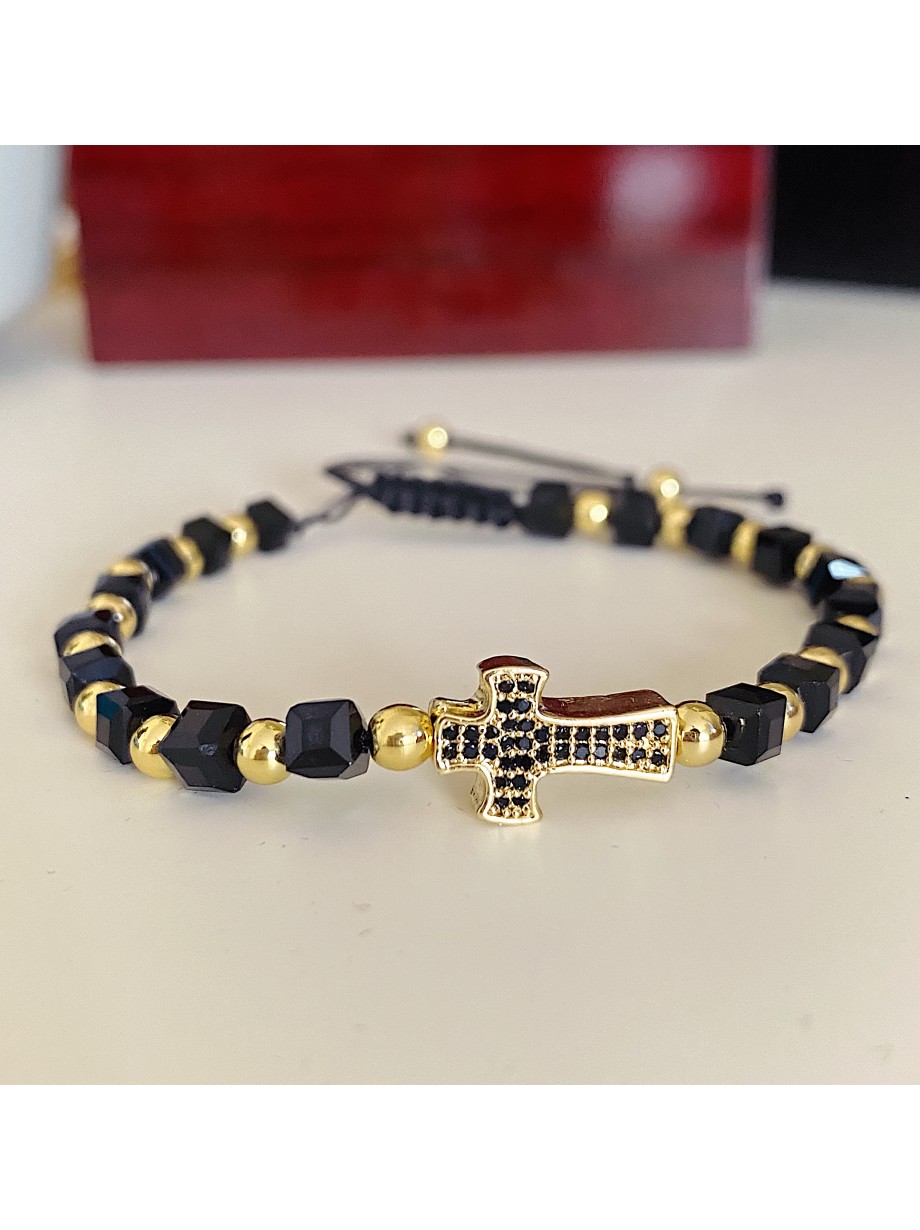 Bratara dama model deosebit cu margele negre si cruce cu pietricele negre