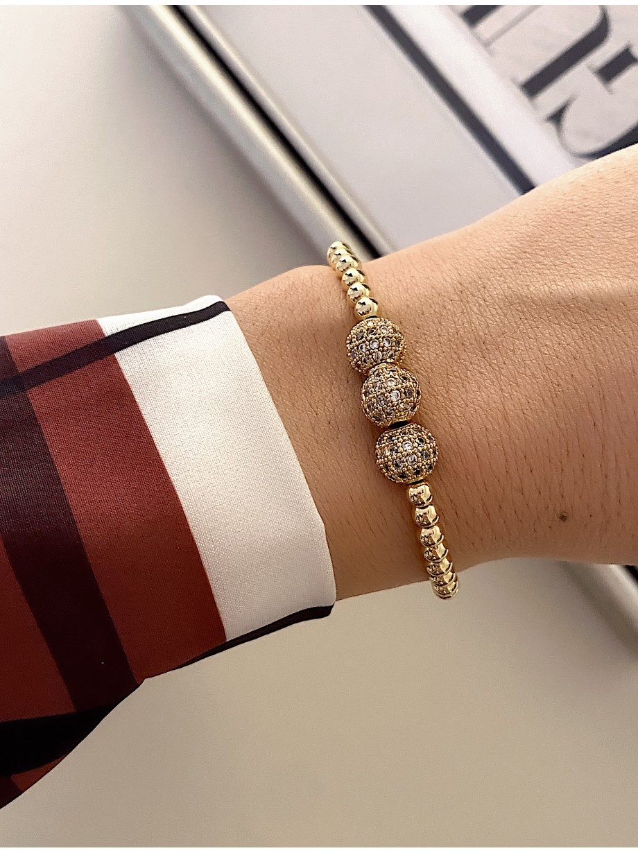 Bratara dama aurie model deosebit cu 3 margele aurii si pietricele albe