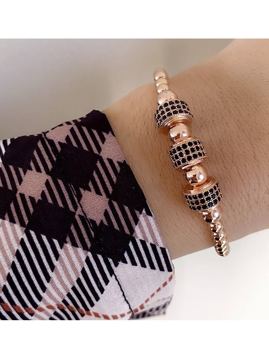 Bratara dama model deosebit cu margele roz si forme cu pietricele negre