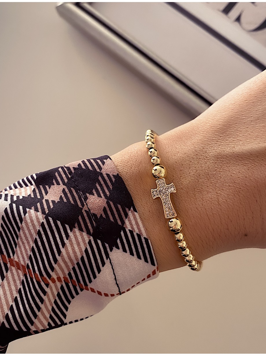 Bratara dama model deosebit cu margele aurii sicruce cu pietricele albe Bratara dama model deosebit cu margele aurii sicruce cu pietricele albe