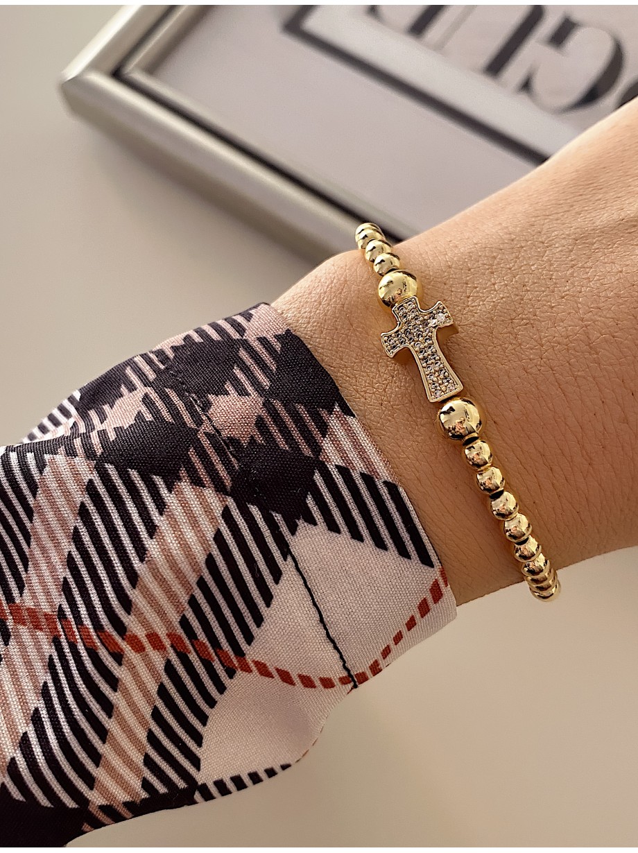 Bratara dama model deosebit cu margele aurii sicruce cu pietricele albe Bratara dama model deosebit cu margele aurii sicruce cu pietricele albe