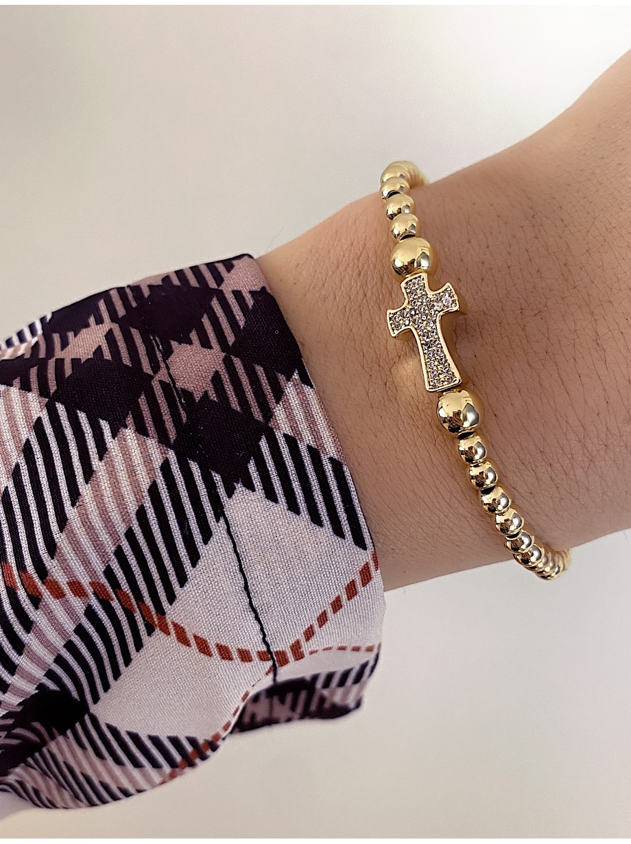 Bratara dama model deosebit cu margele aurii sicruce cu pietricele albe Bratara dama model deosebit cu margele aurii sicruce cu pietricele albe