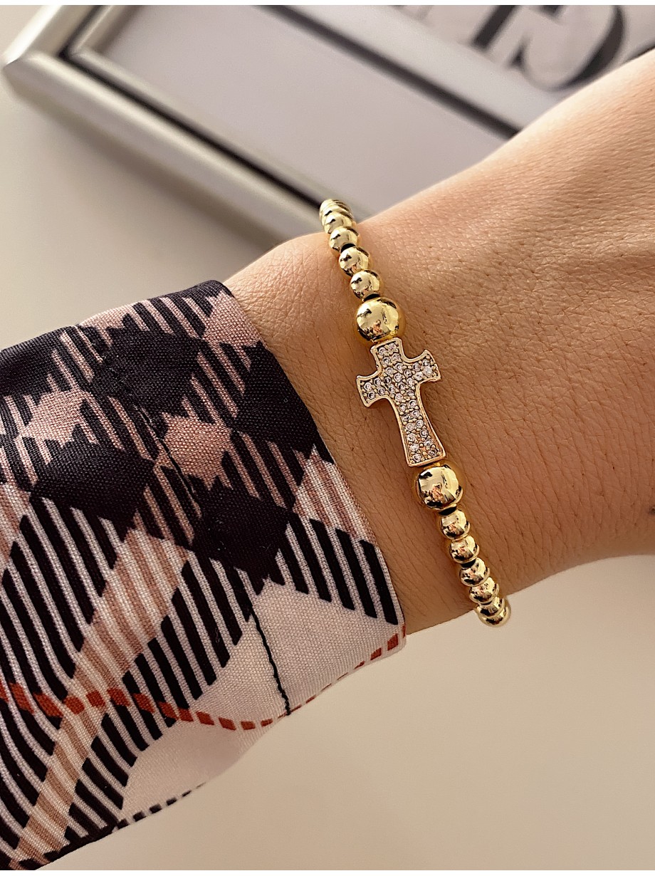 Bratara dama model deosebit cu margele aurii sicruce cu pietricele albe Bratara dama model deosebit cu margele aurii sicruce cu pietricele albe