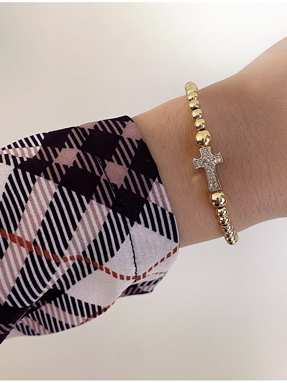 Bratara dama model deosebit cu margele aurii sicruce cu pietricele albe Bratara dama model deosebit cu margele aurii sicruce cu pietricele albe